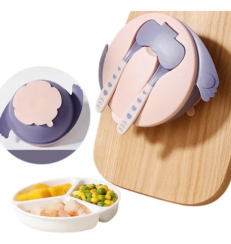 Plato Con Chupa Para Bebes +cuchara +tenedor Silicona Y Tapa