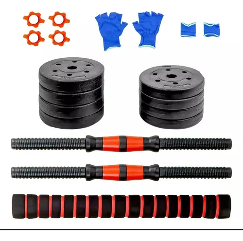 Kit Pesas Mancuernas 15 Kg Con Barra Extensora Termo Forrada