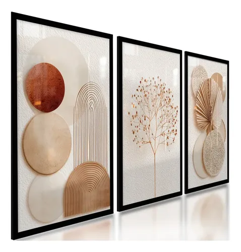 Quadros Decorativos Abstratos Geométricos Boho Neutro 122x60 Cor Preto Armação Infinita