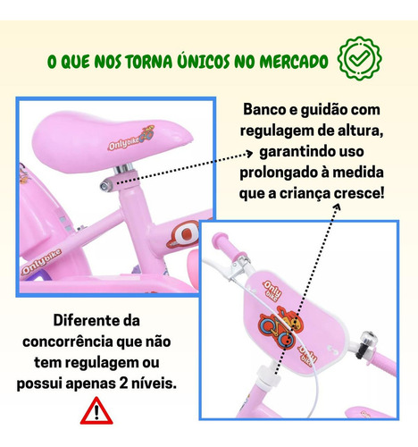 Bicicleta Infantil Aro 12 Com Rodinhas 2 A 6 Anos Bike Rosa Menina Com Rodinhas Freio E Regulagem Premium Brinquedo Presente Onlybike