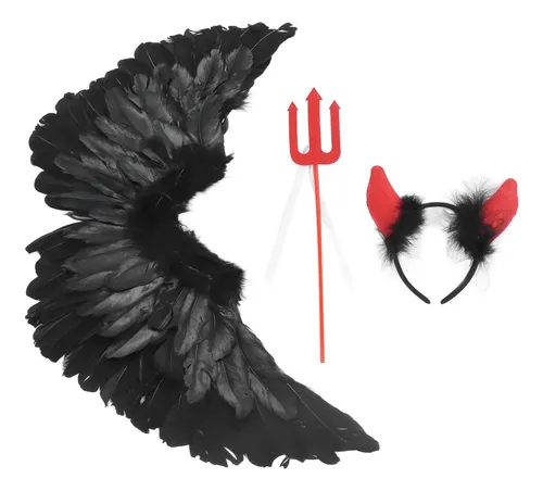 Set De Alas Negras De Ángel Diabólico – 80 Cm Con Aureola Y Varita, Plumas Naturales Y Estructura Metálica, Disfraz Para Halloween Y Carnaval
