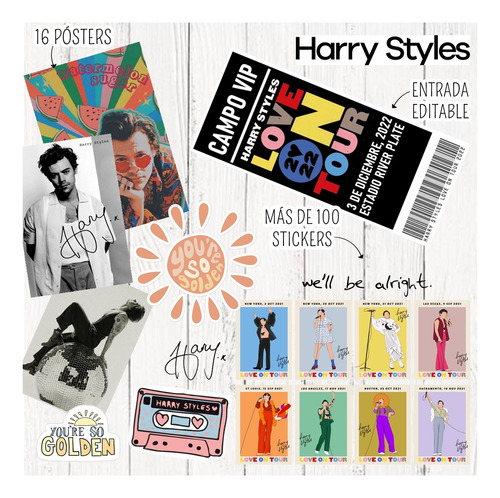 Harry Styles Kit Imprimible Póster Sticker + 2 Simil Entrada