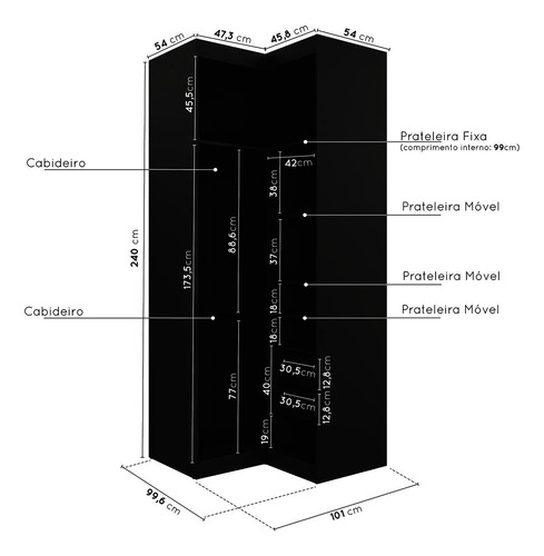 Guarda Roupa Modulado De Canto Com Espelho 6 Portas 3 Wt