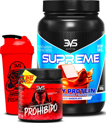 Kit com Whey Protein 3W Supreme 900g Sabor: Chocolate + Pré Treino Prohibido 360g + Coqueteleira 3VS Nutrition