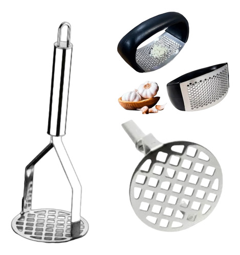 Kit Amassador De Batatas Multiuso Inox E Amassador De Alho