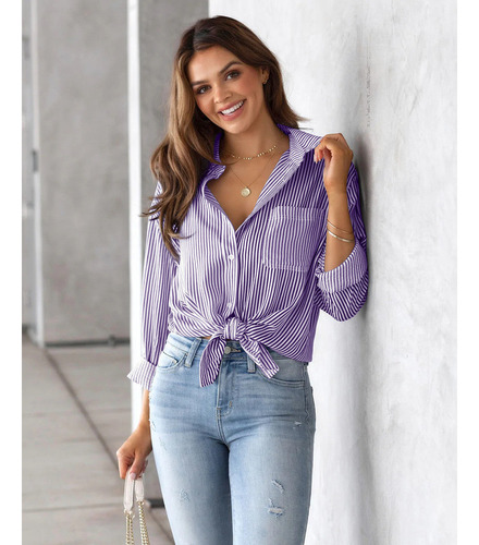 Camisa De Manga Larga Informal Holgada Con Top A Rayas Mujer