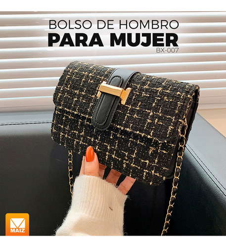 Bolsa Mano Bandolera Crossbody Cadena Elegante Moda Mujer Color Negro Diseño De La Tela Rayas