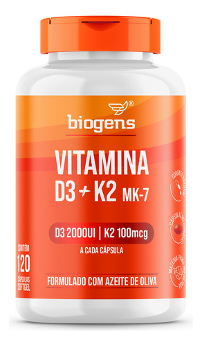 Vitamina D3 2000ui + K2 Mk-7 100mcg, Formulado Com Azeite De Oliva, 120 Cápsulas, Biogens