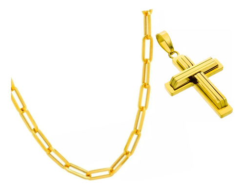 Conjunto Oro 18 Kilates Chain 50cm X 4mm + Cruz Calada Laser