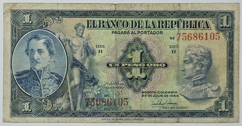 Billete 1 Peso 20/jul/1944 Colombia F-vf
