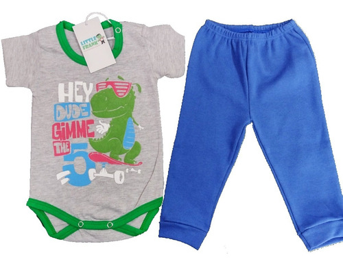 Conjunto Bebe Body Dinosaurio Patineta Manga Corta Pantalón