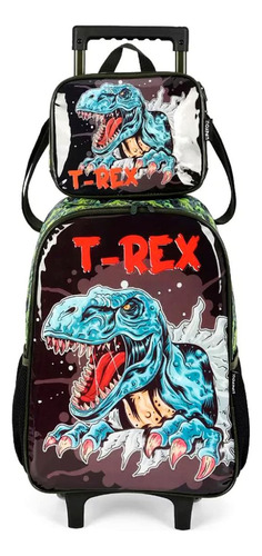 Mochila Rodinhas E Lancheira T-rex Verde
