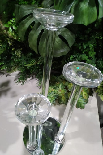 Castiçal De Cristal Liso Triplo Com Base Espelhada - 45cm