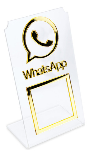 Placa Whatsapp Qr Code Display Acrílico Balcão Transparente Cor Transparente E Dourado