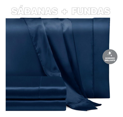 Sábanas De Satín Matrimonial Lujosa Y Sedosa - Real Textil Diseño De La Tela Azul Marino