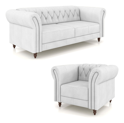 Conjunto Sofá 180cm E 2 Poltronas Chesterfield Couro Branco