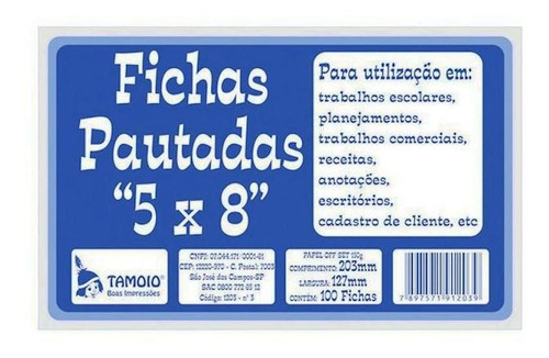 Ficha Blocada Para Resumo Tamoio 5x8 Pautada Nº 3 50 Folhas