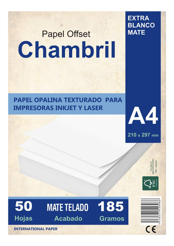 Papel Telado A4 185gr. X50 Hojas Opalina Cartulina P/ Inkjet