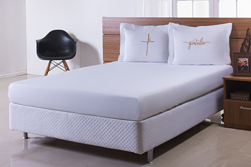 Jogo De Cama Queen 3 Pç Branco 200 Fios Acetinado Bordado Dourado Fé Gratidão Casa Laura Enxovais