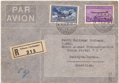 Envelope Zeppelin Liechtenstein Brasil 1937 Selo A-16 Mint