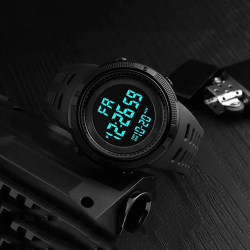 Reloj Digital Deportivo, Pulsera Negra,militar, Moderno, Multifuncional, Dual Time, Cronómetro, Temporizador, Pantalla Luz Led, Alarma, Calendario, Correa Ajustable De Caucho, A Prueba De Agua(Negro))