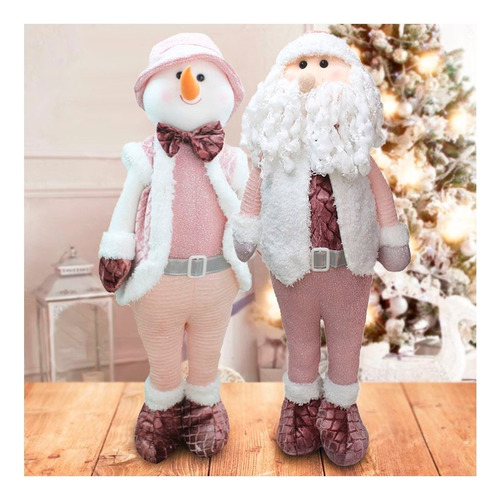 Dupla Boneco Natalino Papai Noel E Boneco De Neve Rosa Cor Marrom-claro sem