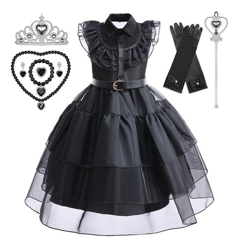 Merlina Addams Vestido Para Niñas Disfraz De Cosplay, Con Accesorios 5 Piezas, Vestido De Fiesta, Halloween, Wednesday Addams Vestido Netflix