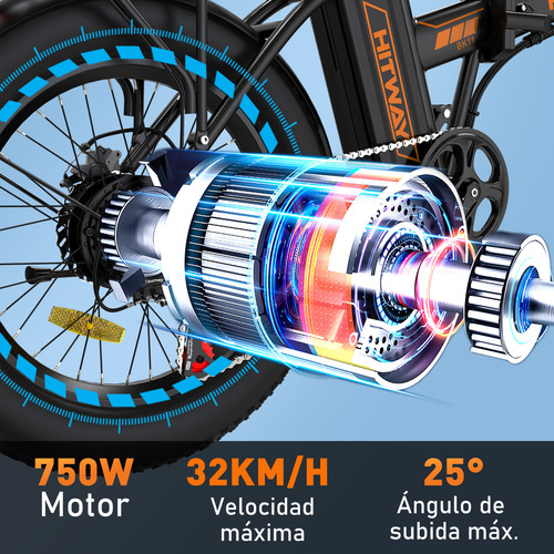 Hitway Bicicleta Eléctrica Plegable 20 X 4.0 Pulgada Fat Tire 750w Motor 48v/15ah Batería 7-velocidades