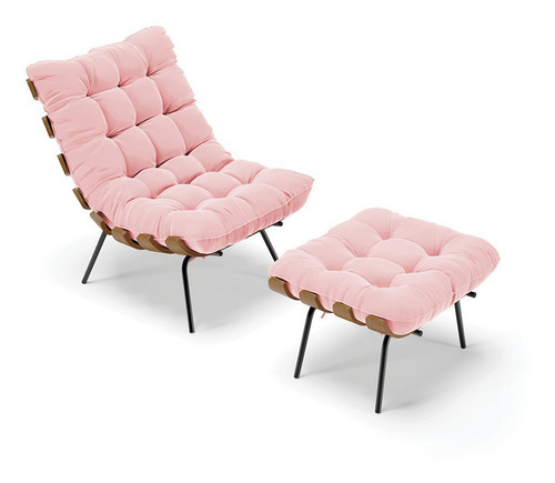 Kit 01 Poltrona E 01 Puff Costela Suede Rosa Bebê Base Metal