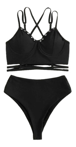 Traje De Baño Negro Bikini Enrejado Cintura Alta Cruzado