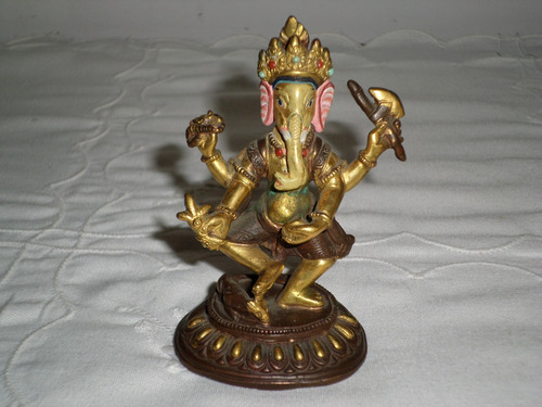 Muy Antigua Figura Ganesha De Bronce Y Esmalte Sellada