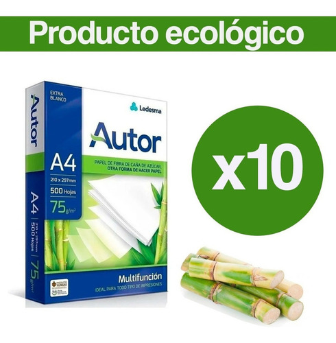 Resma A4 Papel Impresora Ecológico Autor 75grs 500 Hojas X10