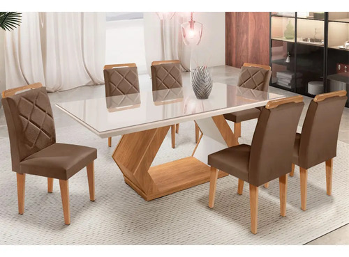 Mesa Alvorada 180 Tp Mdf Vidro Canto Reto 6 Cadeiras Rufato