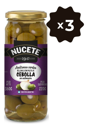 Combo Aceitunas Verdes Rellenas De Cebolla Frasco 360 Gr X 3