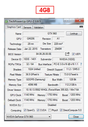 Tarjeta Gráfica Geforce Gtx960 Gddr5 De 4 Gb, 28 Nm, 1140 Mh