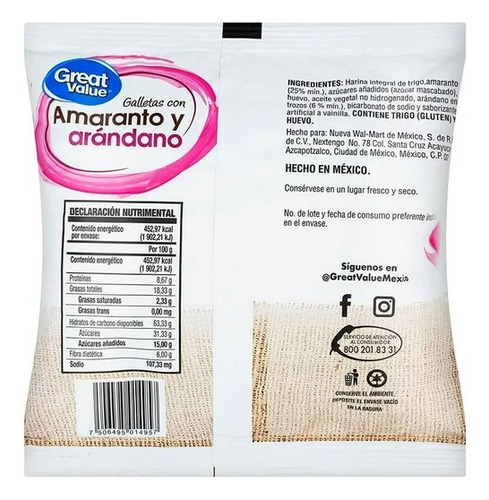 18 Pzas Great Value Galletas Con Amaranto Y Arándano 100 G
