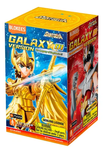 Embalagem lacrada do Blokees Saint Seiya Legacy Of Sagittarius Galaxy 01, destacando o logotipo e a arte da coleção.