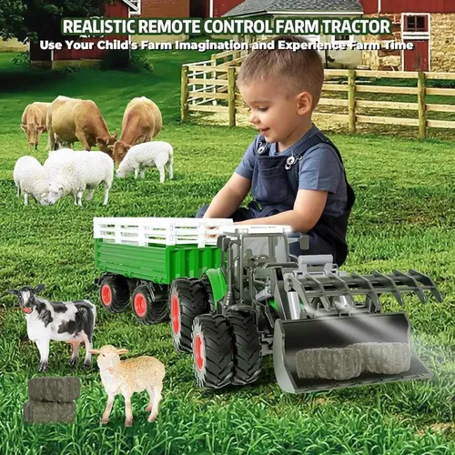 Tractor Teledirigido Ulikey 1:16 Con Remolque, Animales Y Heno – Juguete RC 2.4 GHz Para Niños De 4 A 6 Años, Luces Y Sonidos Realistas