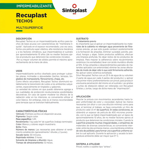 Recuplast Techos Sinteplast Impermeabilizante 5 Kg Teja