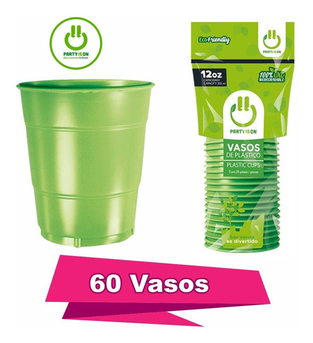 Vaso De Plástico Desechable 12 Oz. Party Is On - 60 Piezas Color Verde Kiwi