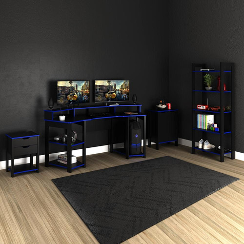 Mesa Gamer Para 2 Monitores Em Curva Com Estante E 2 Balcões Cor Preto com Azul