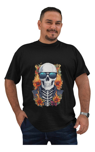 Camiseta 100% Algodão Plus Size Estampa Caveira Skull Rock