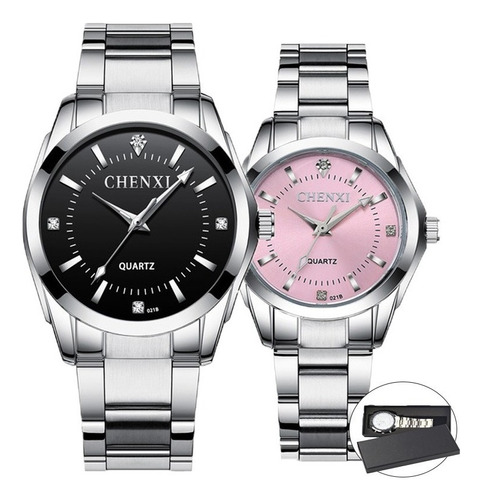 Duo Reloj Pareja Acero Inoxidable Contra Agua Estuche Cx Correa Negro/rosa