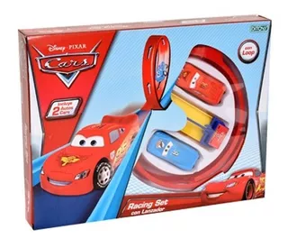 Cars Pista Racing Set Con Lanzador + 2 Autos Rayo Mc Queen Color Azul, Amarillo Y Rojo
