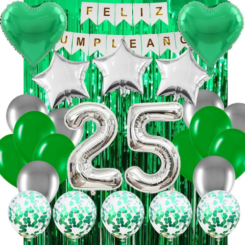 Combo Globos Kit Fiesta Cumple Deco Verde Plata