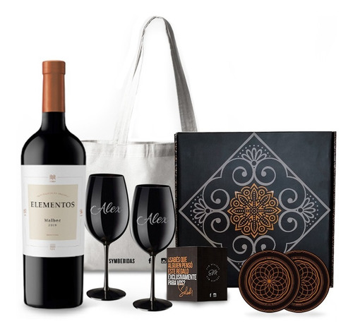 Box Set Vino Elementos Malbec 2 Copas Negras Grabadas Kit