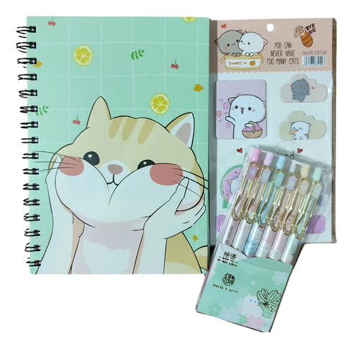 Set Libreta Gatito Gato Kawaii + 6 Lápices + Post It