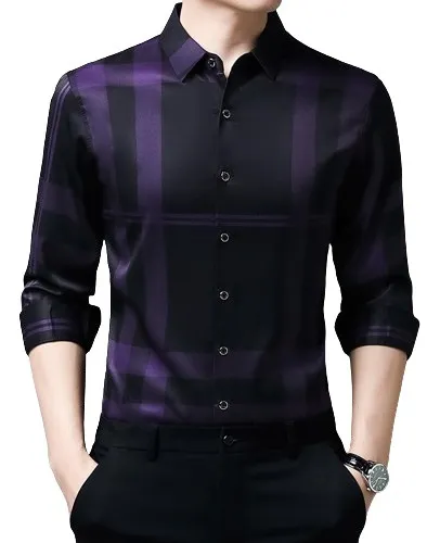 comprar \u002F Camisas Sociais De Seda Masculinas Camisas Casuais Xadrez