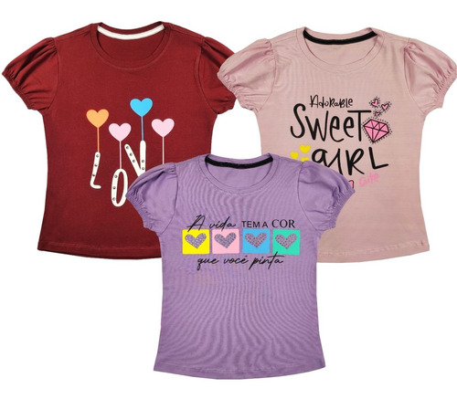 Blusa Menina Infantil E Juvenil Manga Princesa - Kit Com 03