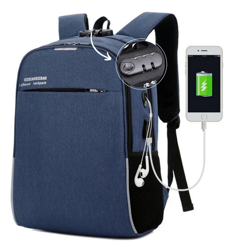 Mochila Anti Furto Notebook Bolsa Com Senha Faculdade Escolar Saída Cabo Aux Usb E Fone Ouvido Cor Azul - Marca Miran
